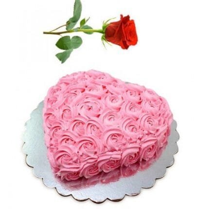 Pink Flower Heart Cake 1Kg with a Rose