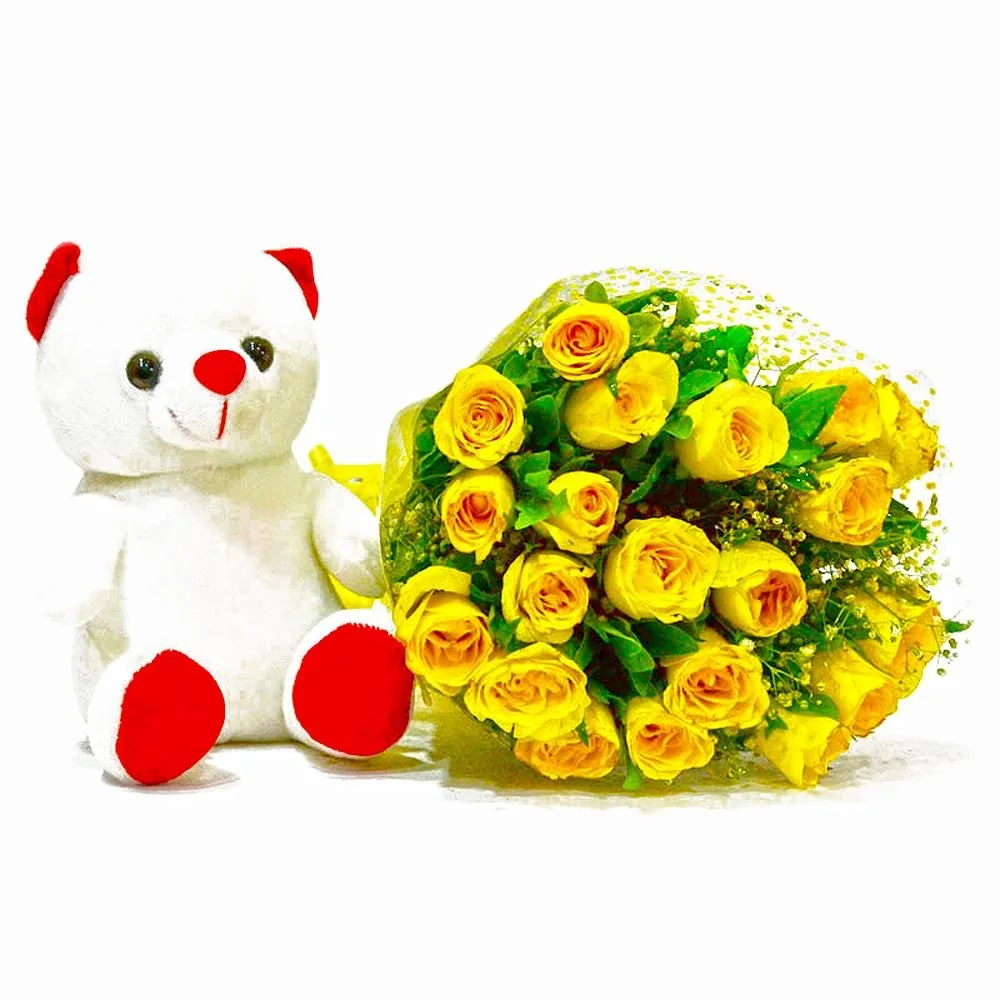 yellow-roses-with-cute-teddy-bear.jpeg 15 Yellow Roses in Round Basket with Teddy Bear - Image 1